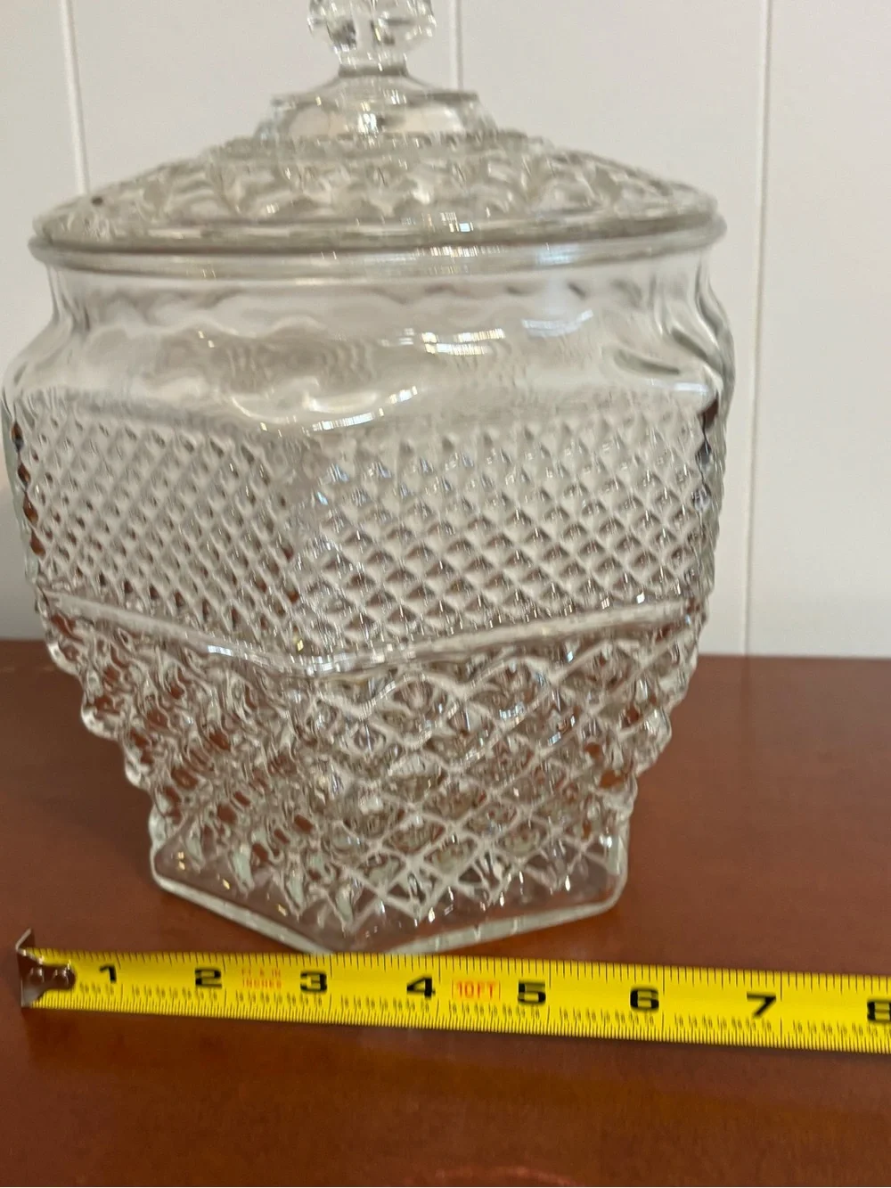 VTG Indiana Glass Diamond Point Hexagon Cookie Jar Lidded Crystal Canister MCM
